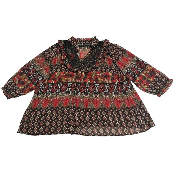 New Directions Women's 3X Spanish Goth Floral Boho Peasant Top Red Black Lace - Picture 2 of 8